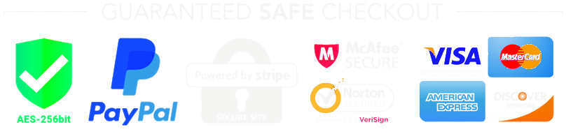 Guaranteed safe checkout — AES-256, PayPal, Stripe, McAfee Secure, Norton Secured, Visa, Mastercard, American Express, Discover